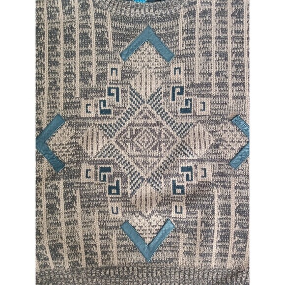 P.J. Henry Sweater Men's Size Large Black Brown Vintage 90's Leather Inserts - Picture 3 of 9